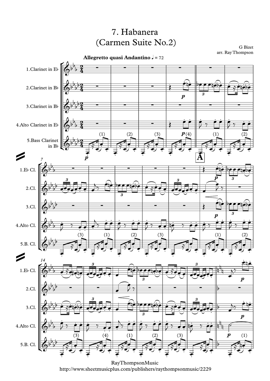 Bizet: Habanera (Carmen Suite No.2) - clarinet quintet Clarinet Quintet scores gallery preview page 1