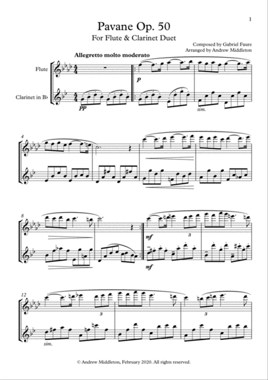 Pavane Op. 50 arranged for Flute and Clarinet Duet image number null