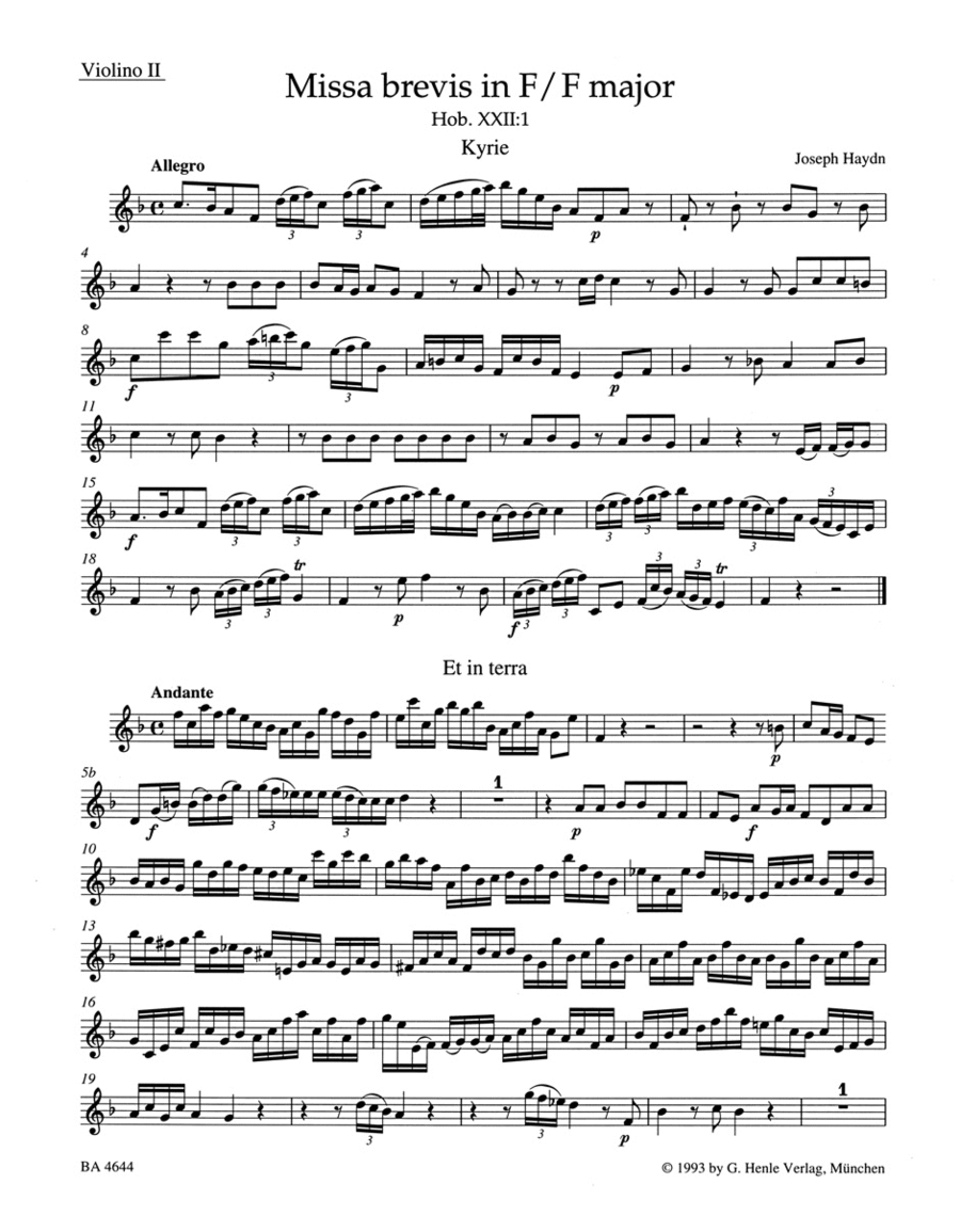 Missa brevis F major Hob. XXII:1 Violin scores gallery preview page 1