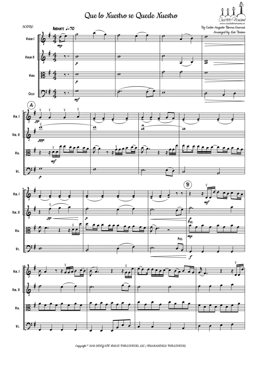 Que Lo Nuestro Se Quede Nuestro String Quartet scores gallery preview page 1