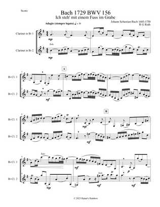 Bach 1729 BWV 156 Adagio Clarinet Duet Score and Parts