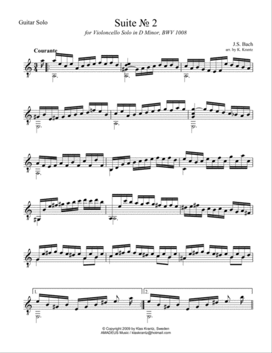 Courante (iii) form Suite 2 BWV 1008 for guitar solo Acoustic Guitar scores gallery preview page 1