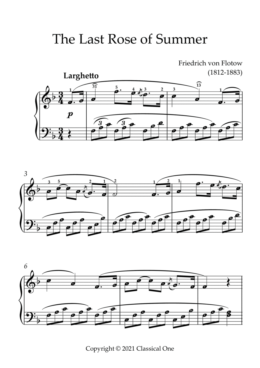 Flotow - The Last Rose of Summer(With Note name) Easy Piano scores gallery preview page 1