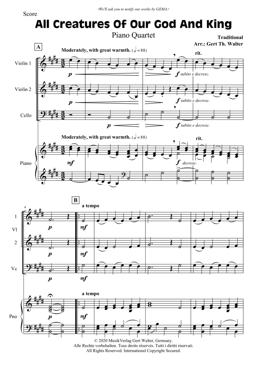 All Creatures Of Our God And King Piano Quartet scores gallery preview page 1