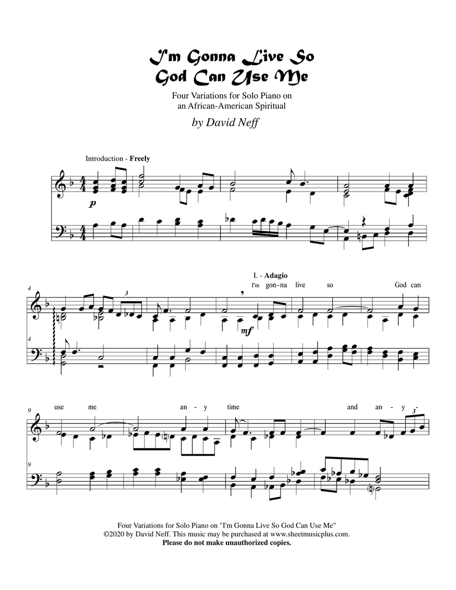 I'm Gonna Live So God Can Use Me: Four variations for solo piano on an African-American spiritual Piano Solo scores gallery preview page 1