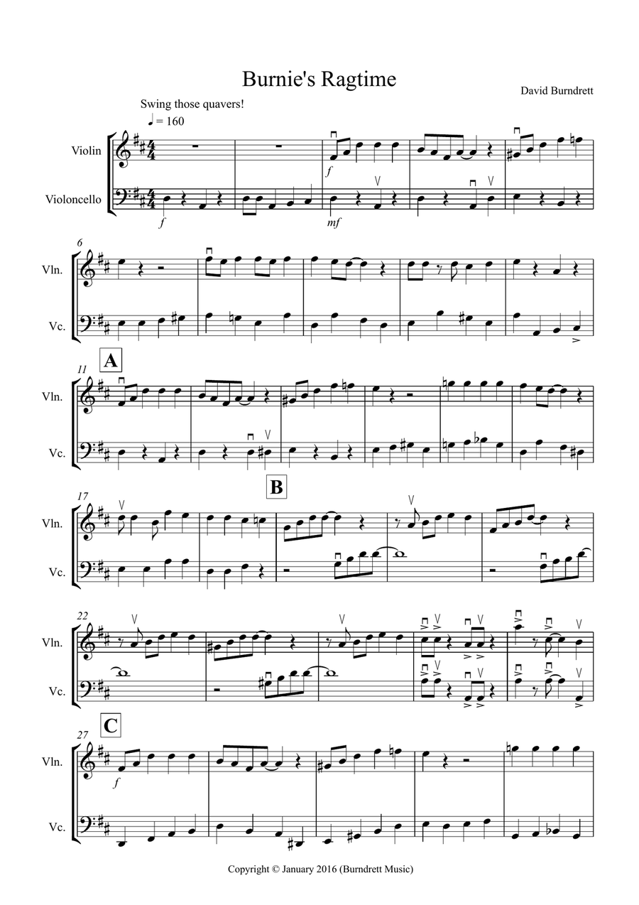 Burnie's Ragtime for Violin and Cello Duet String Duet scores gallery preview page 1
