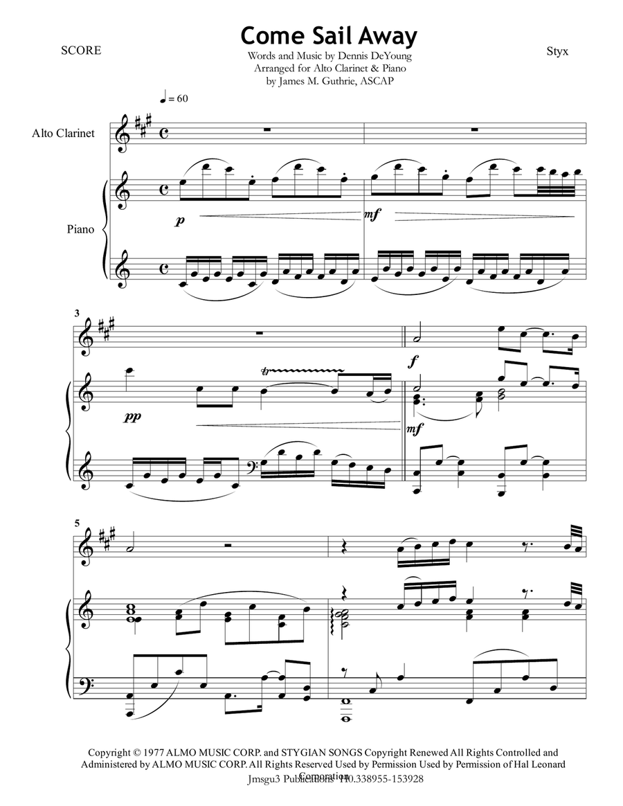 Come Sail Away E-Flat Clarinet scores gallery preview page 1