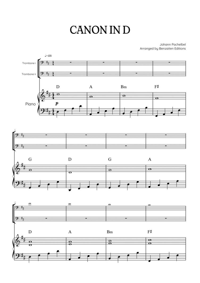 Pachelbel Canon in D • trombone duet sheet music w/ piano accompaniment [chords] image number null