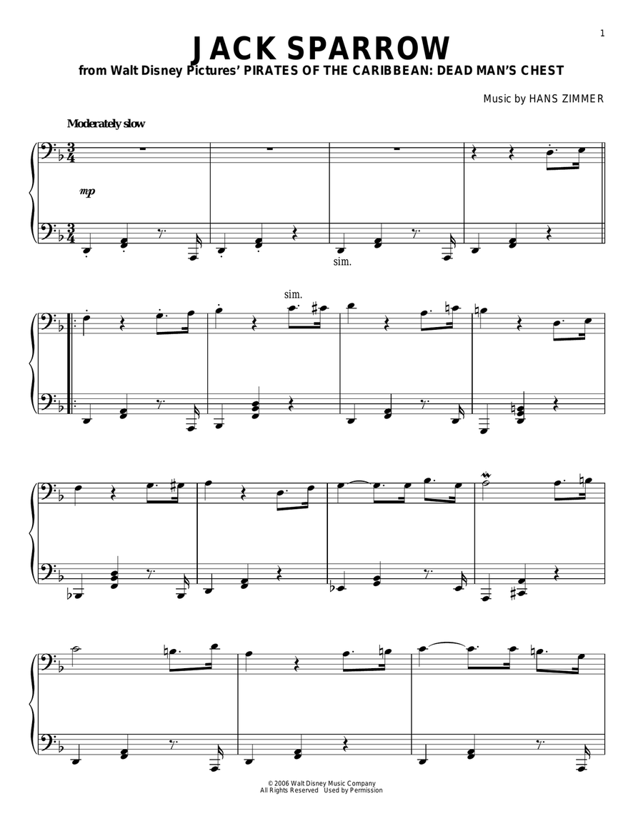 Jack Sparrow (from Pirates Of The Caribbean: Dead Man's Chest) Piano Solo scores gallery preview page 1