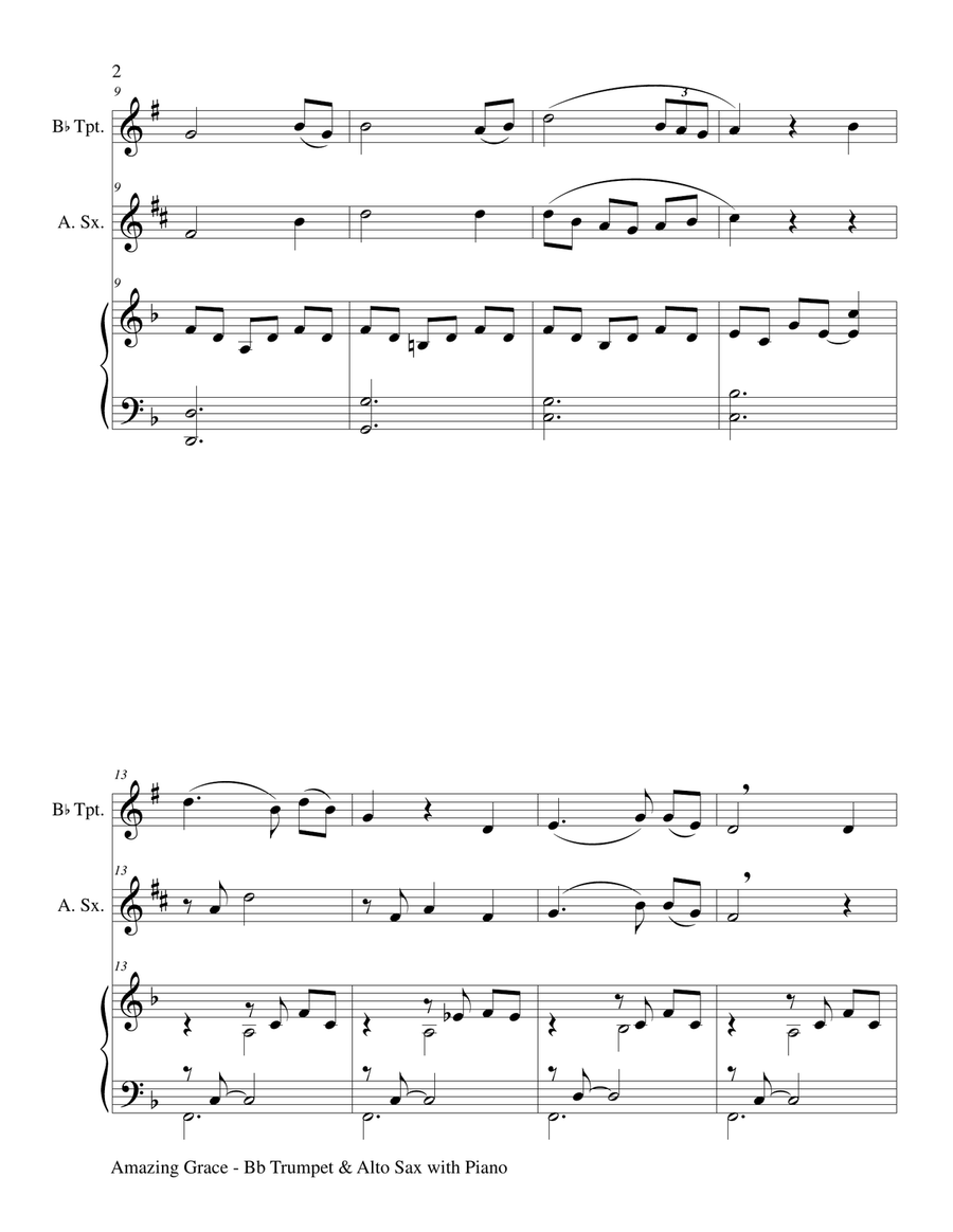 AMAZING GRACE (Bb Trumpet & Alto Sax with Piano - Score & Parts included) Alto Saxophone scores gallery preview page 3