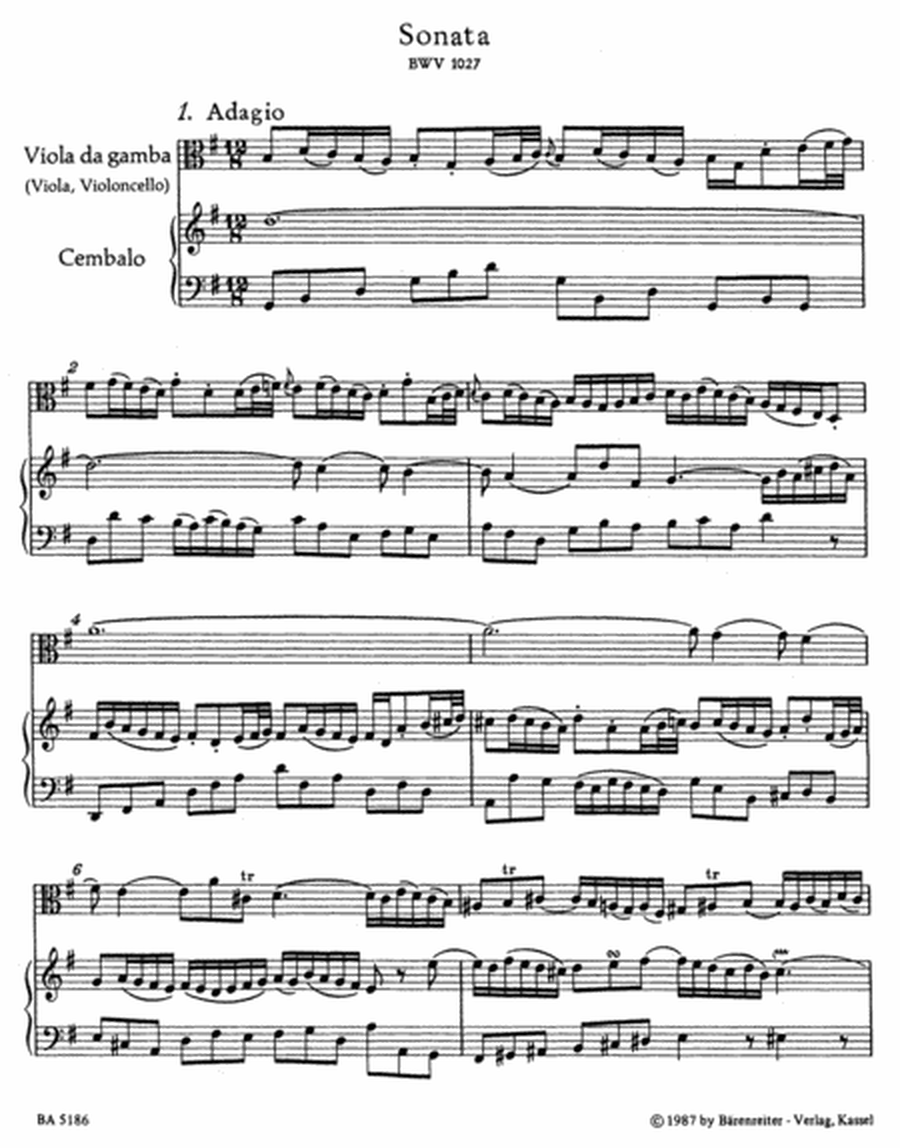Three Sonatas for Viol (Viola) and Harpsichord BWV 1027-1029