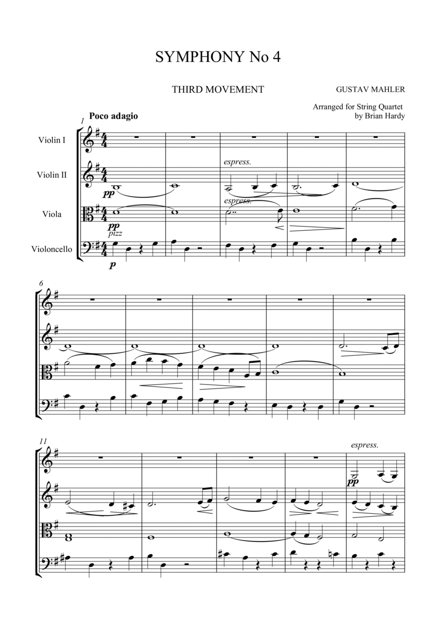 Mahler Symphony No. 4 - Third Movement, Adagio String Quartet scores gallery preview page 1