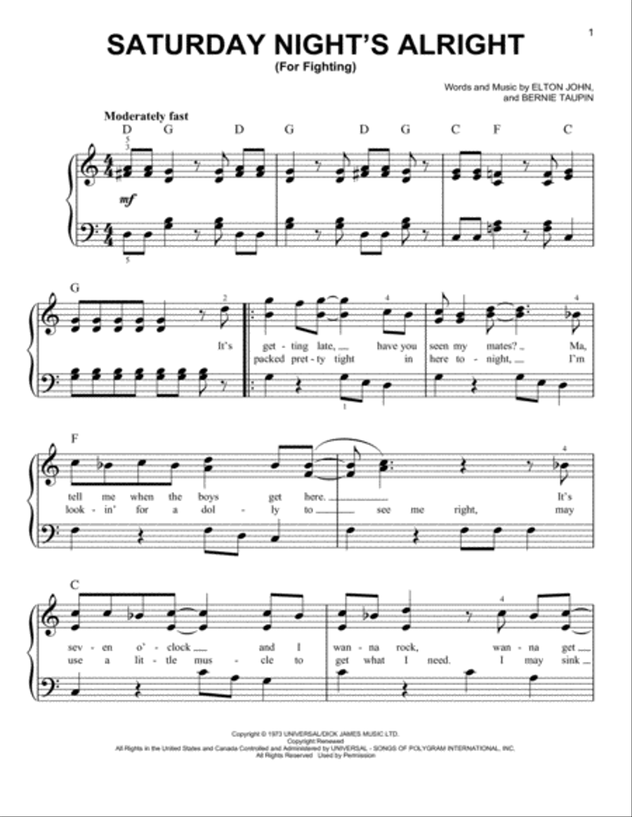 Saturday Night's Alright (For Fighting) (from Rocketman) Easy Piano scores gallery preview page 1
