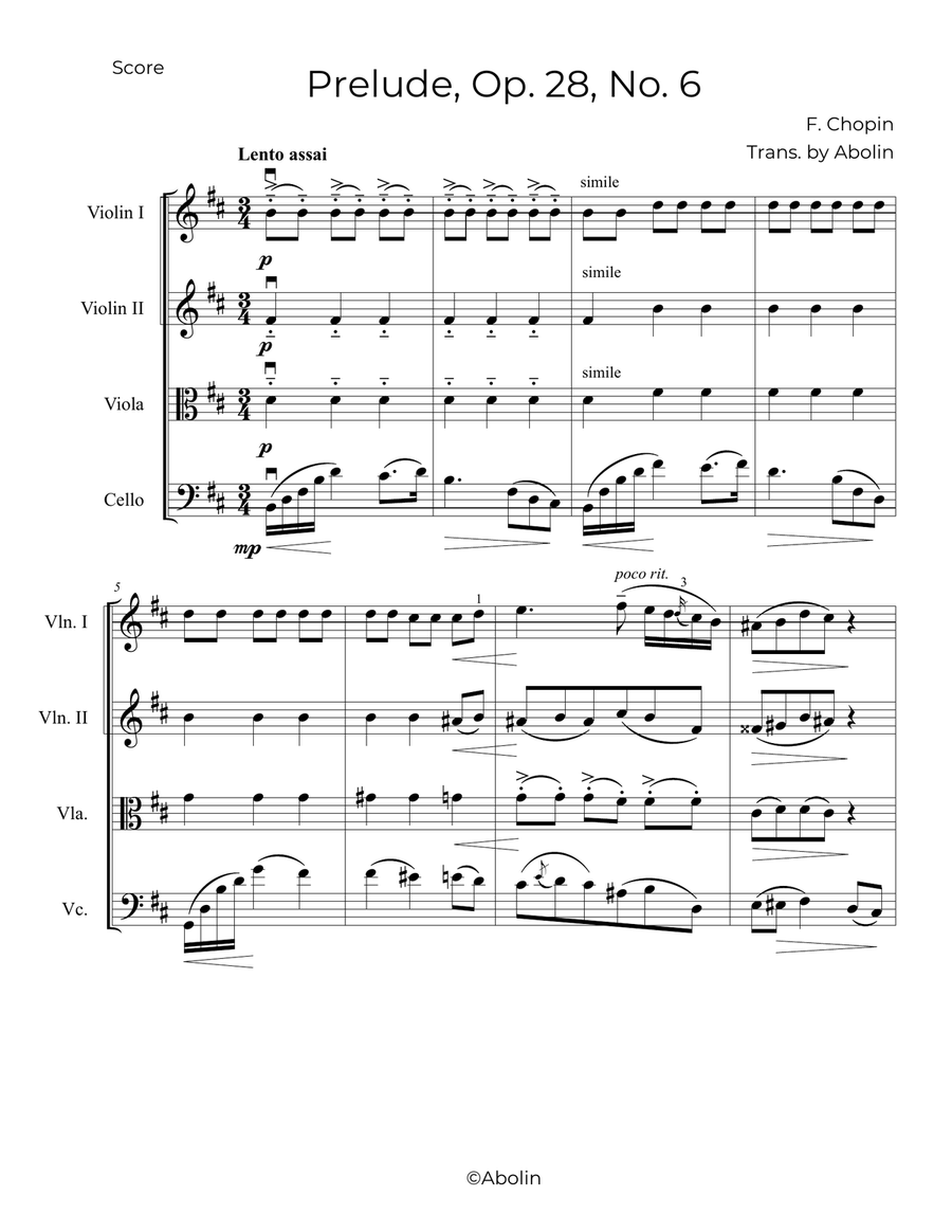 Chopin: Prelude, op.28, No.6 - String Quartet String Quartet scores gallery preview page 2
