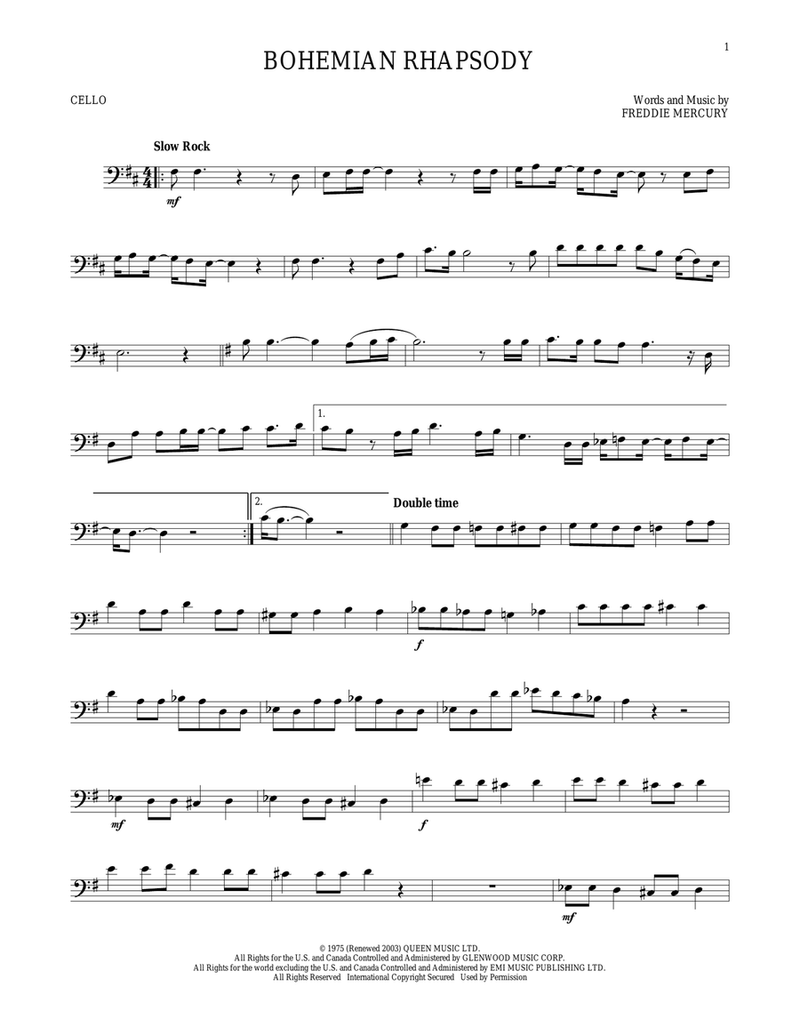 Bohemian Rhapsody Cello Solo scores gallery preview page 1