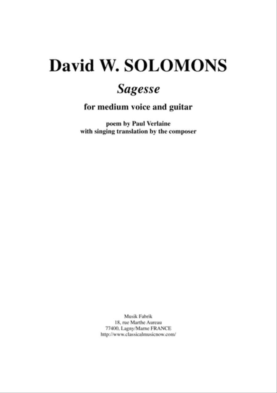David Warin Solomons: Sagesse for medium voice and guitar Small Ensemble scores gallery preview page 1