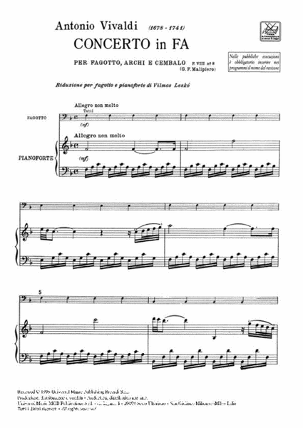 Concerto per Fagotto, Archi e BC in Fa Rv 485