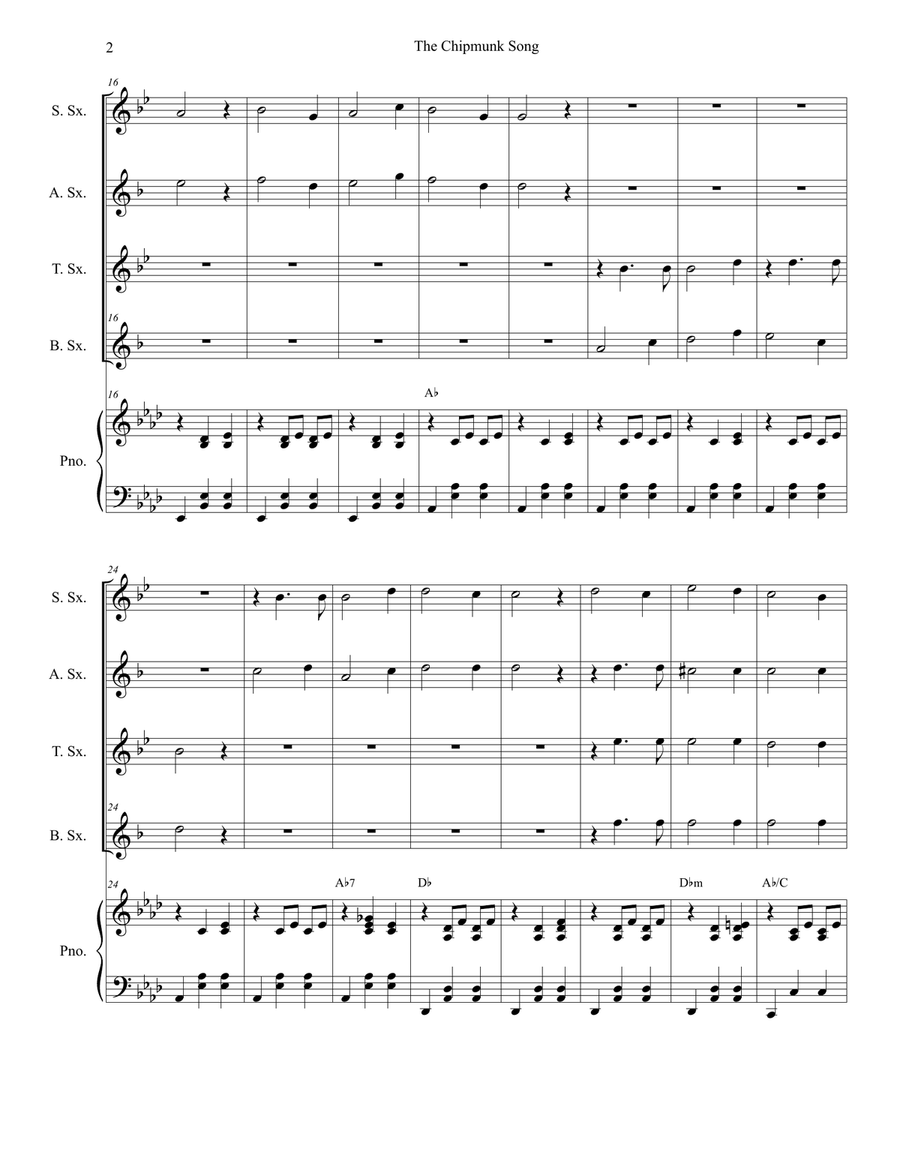 The Chipmunk Song Saxophone Quartet scores gallery preview page 2