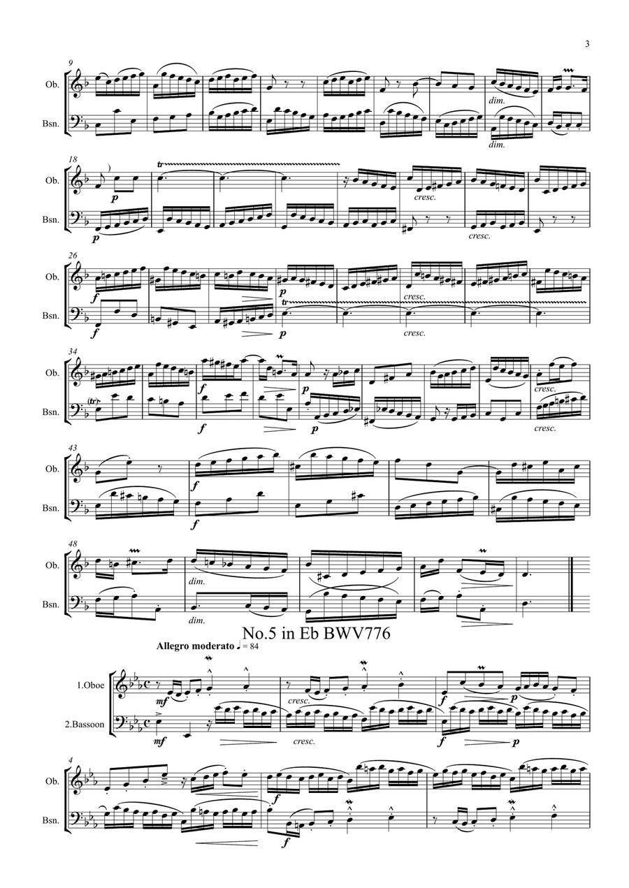 Bach: A Selection of Two Part Inventions( nos. 1,3,4,5,6,13 & 15) - wind duet ( oboe, bassoon) Woodwind Duet scores gallery preview page 3