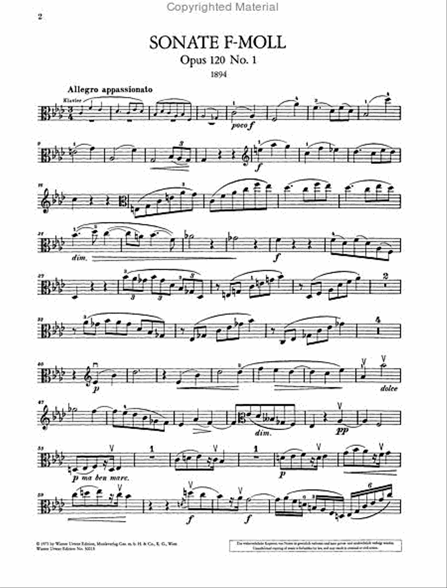 Sonata for Clarinet (or Viola) and piano, F minor, Op. 120, No. 1