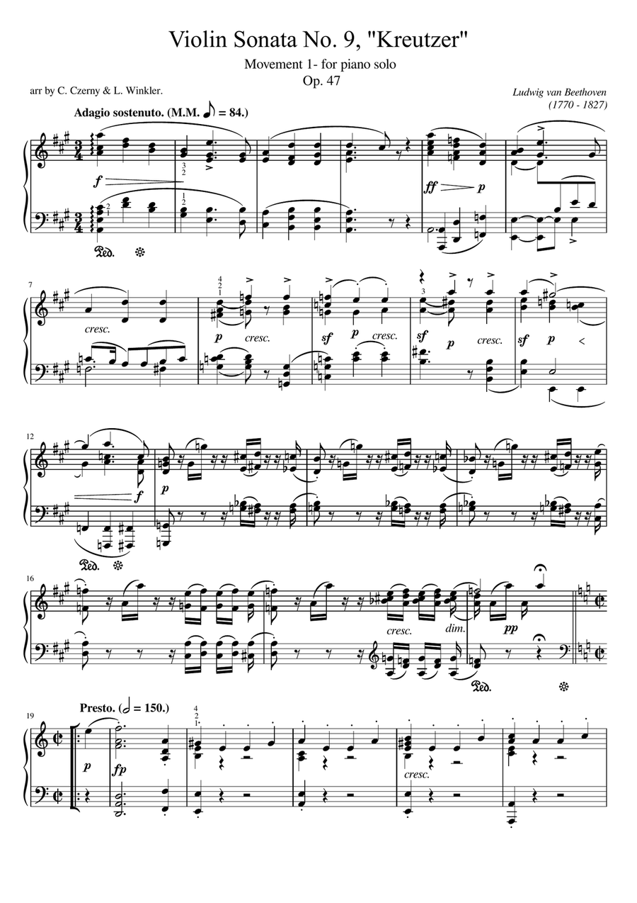 Beethoven - Violin Sonata No.9 A Major, Op.47 'Kreutzer' - Mov 1. Adagio - for Piano Solo Original Piano Solo scores gallery preview page 1