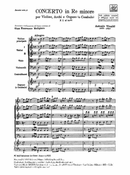 Concerto Per Violino, Archi E BC: In Re Min Rv 238