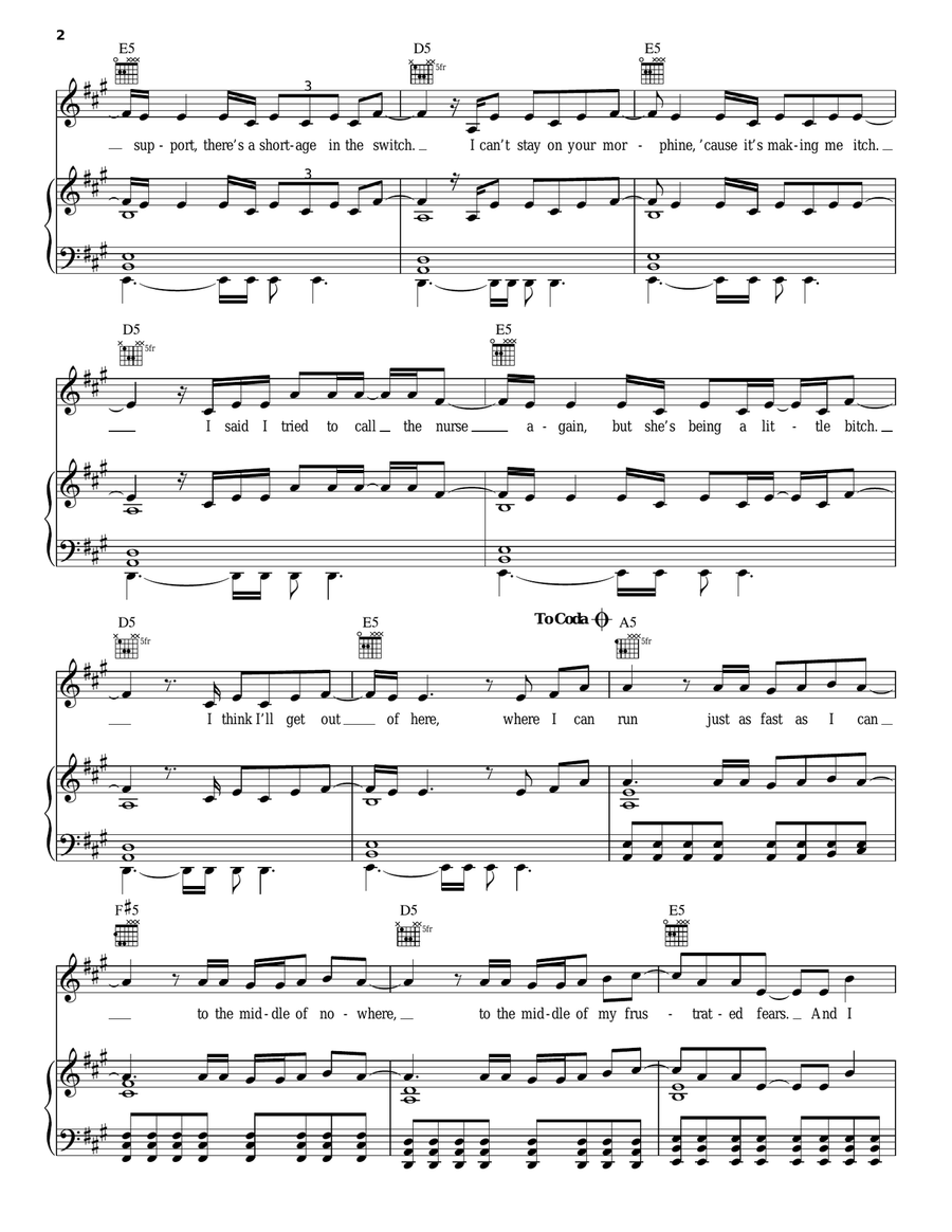 Just Like A Pill Piano, Vocal, Guitar scores gallery preview page 2