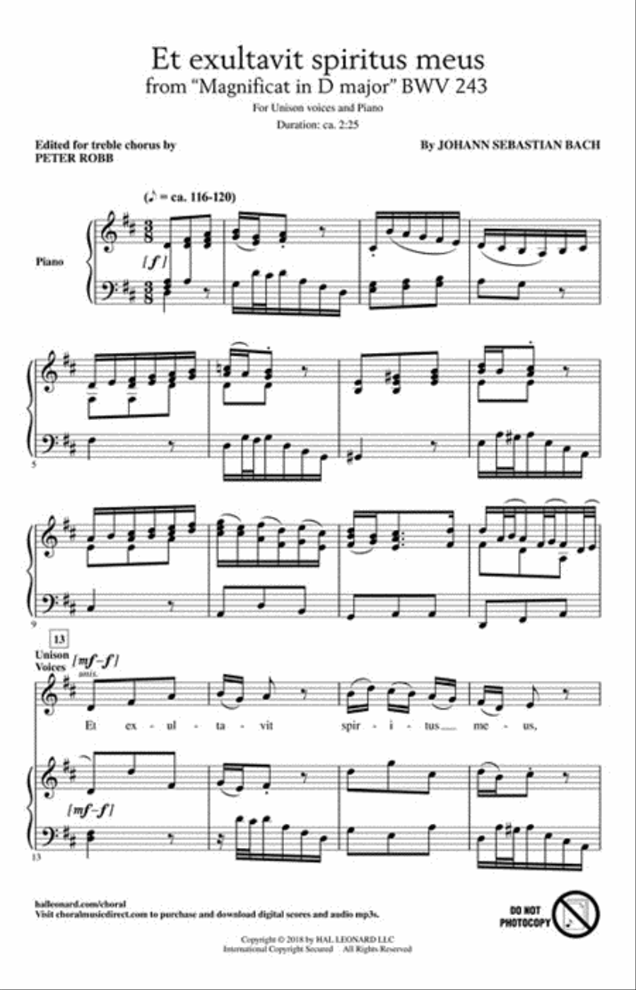 Et exultavit spiritus meus (from “Magnificat in D Major” BWV 243) Unison Choir scores gallery preview page 2