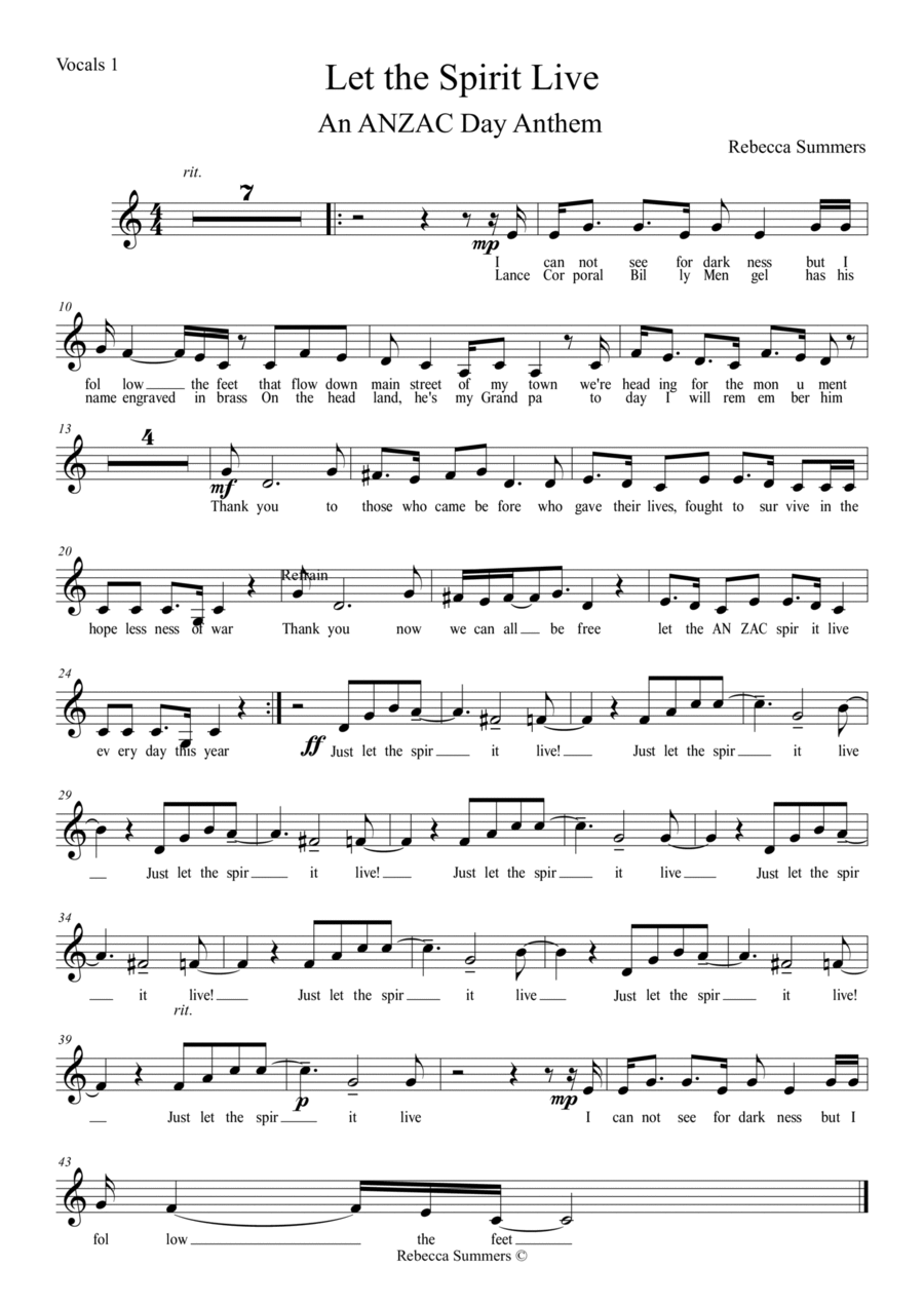 Let the Spirit Live (New! ANZAC Day Anthem for young voices VOCAL 1 PART) Children's Choir scores gallery preview page 1
