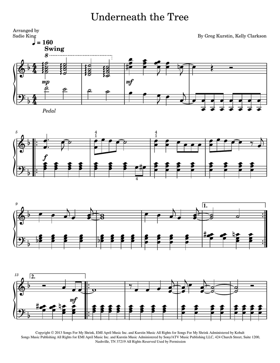 Underneath The Tree Piano Solo scores gallery preview page 1