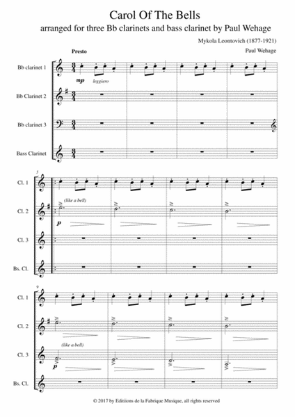 Mykola Leontovich : Carol of the Bells, arranged for three Bb clarinets and bass clarinet