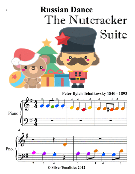 Russian Dance Nutcracker Suite Beginner Piano Sheet Music with Colored Notation