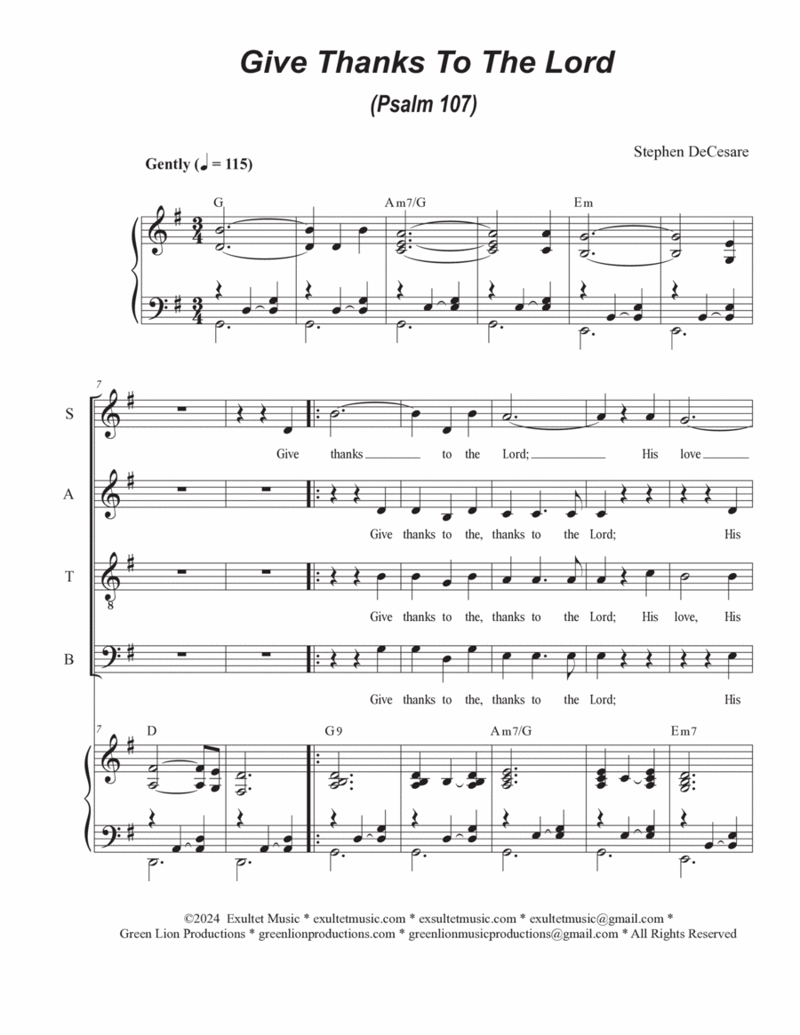 Give Thanks To The Lord (Psalm 107) (Vocal Quartet - (SATB) image number null