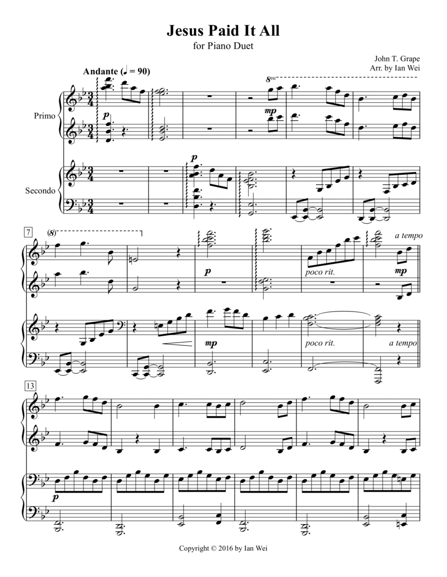 Jesus Paid It All for Piano Duet Jesus Paid It All for Piano Duet 1 Piano, 4-Hands scores gallery preview page 1