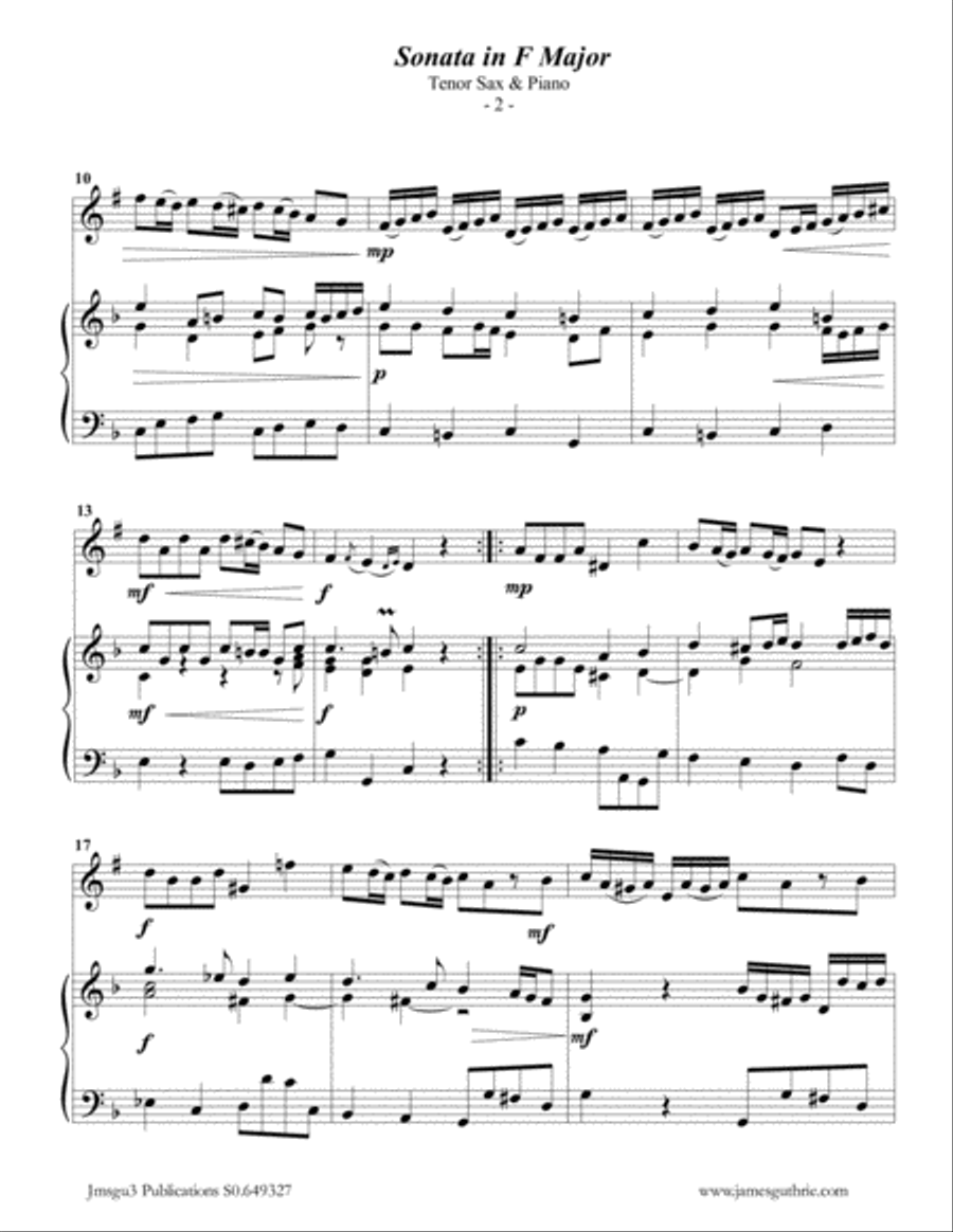 Telemann: Sonata in F Major for Tenor Sax & Piano Tenor Saxophone scores gallery preview page 2