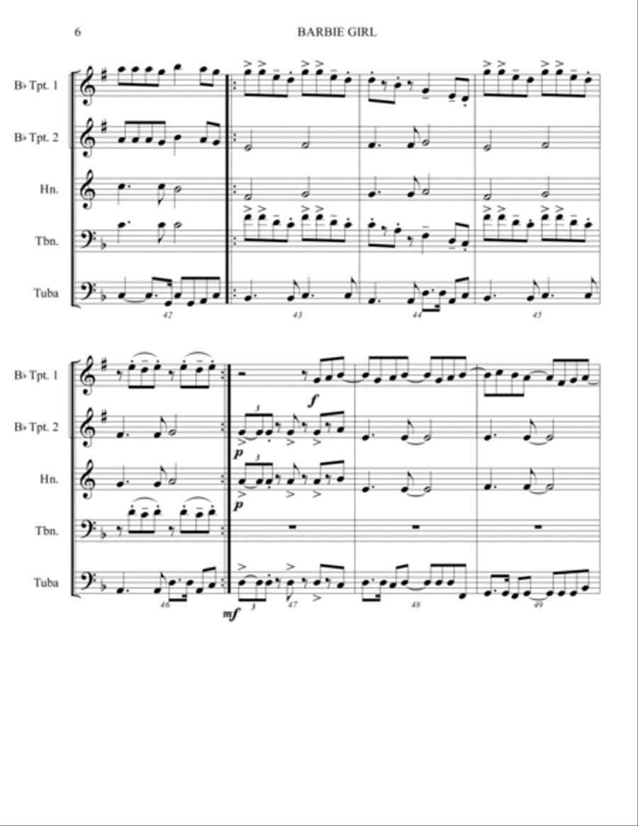 Barbie Girl Brass Quintet scores gallery preview page 6