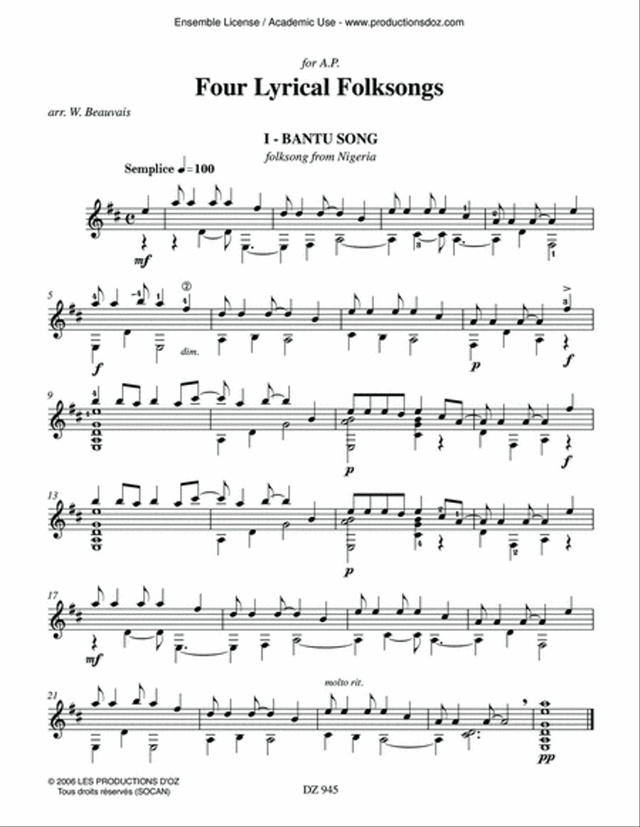 Four Lyrical Folksongs Classical Guitar scores gallery preview page 3