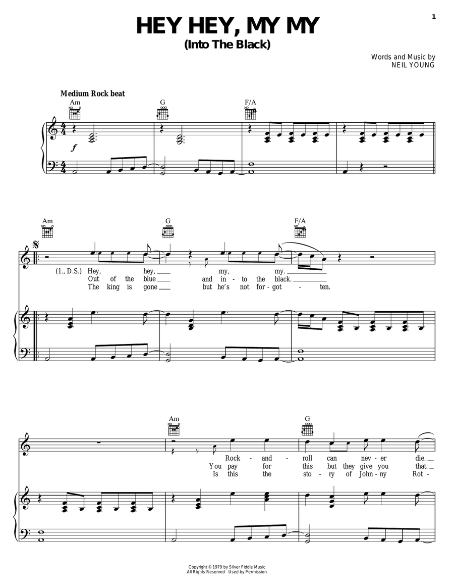 Hey Hey, My My (Into The Black) Piano, Vocal, Guitar scores gallery preview page 1