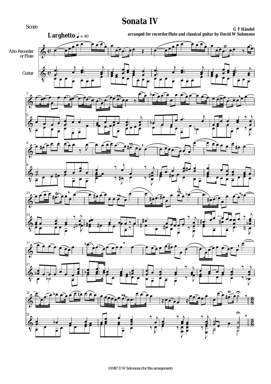 Sonata No IV arranged for flute or alto recorder and guitar Flute scores gallery preview page 1