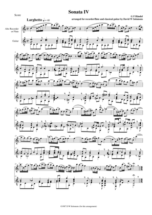 Book cover for Sonata No IV arranged for flute or alto recorder and guitar