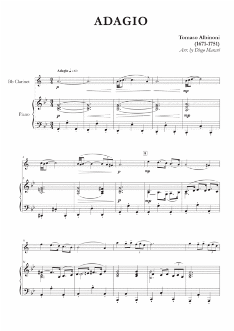 Albinoni's Adagio for Clarinet and Piano B-Flat Clarinet scores gallery preview page 2