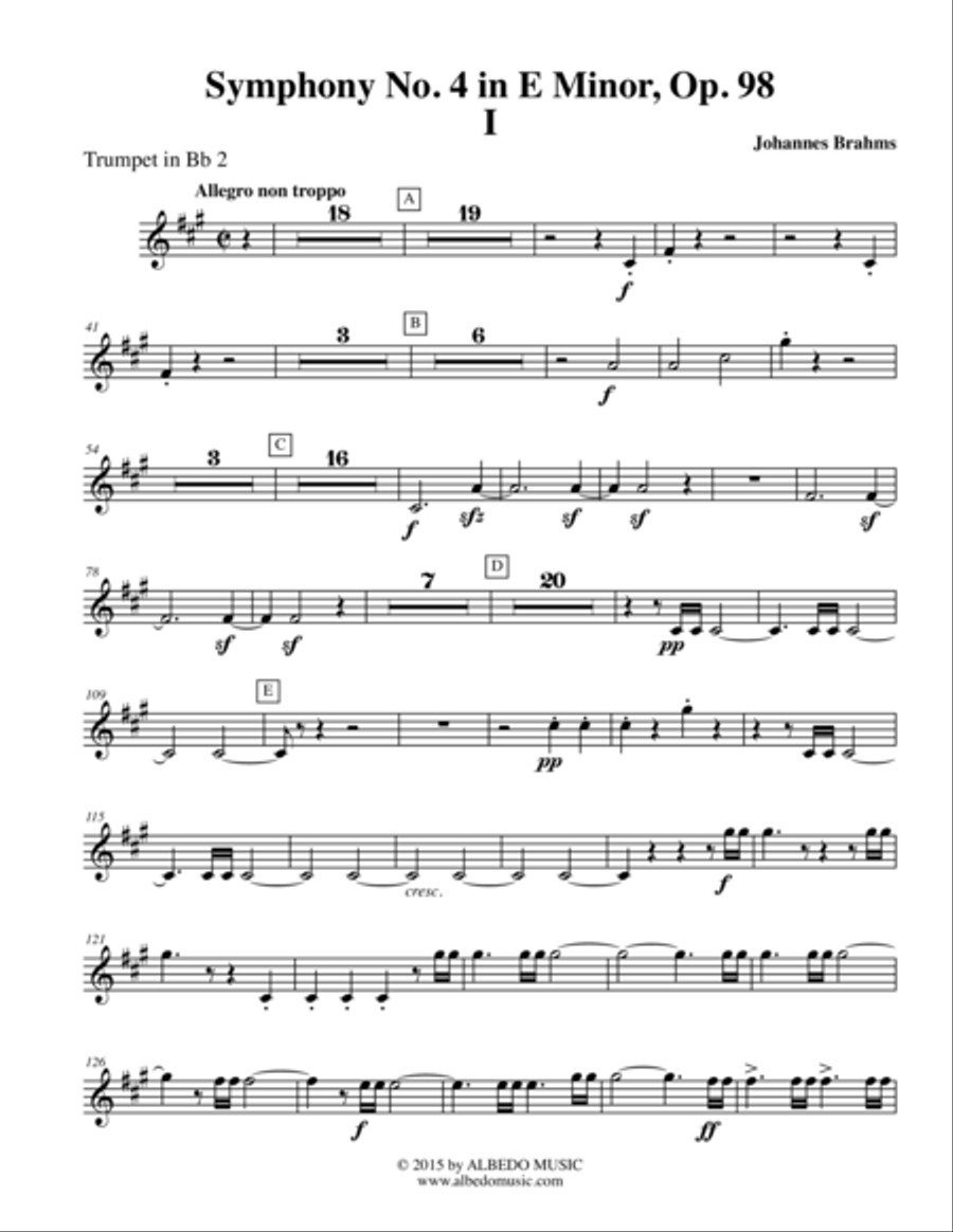 Brahms Symphony No. 4, Movement I - Trumpet in Bb 2 (Transposed Part), Op. 98 B-Flat Trumpet scores gallery preview page 1
