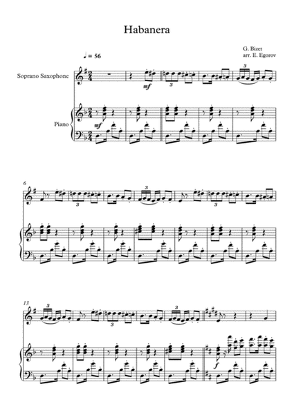Habanera, Georges Bizet, For Soprano Saxophone & Piano image number null