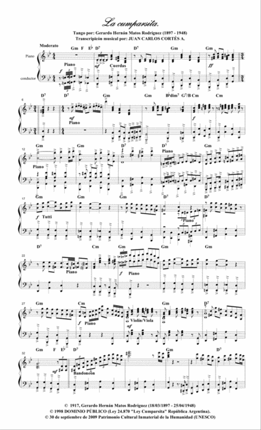 La Cumparsita Tango por: Gerardo Hernán Matos Rodríguez (1.897 - 1948) Piano Solo scores gallery preview page 1