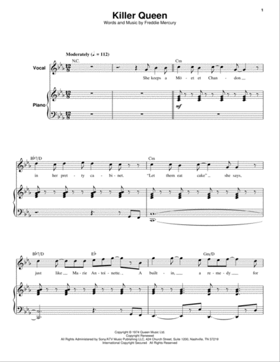 Killer Queen Piano, Vocal scores gallery preview page 1