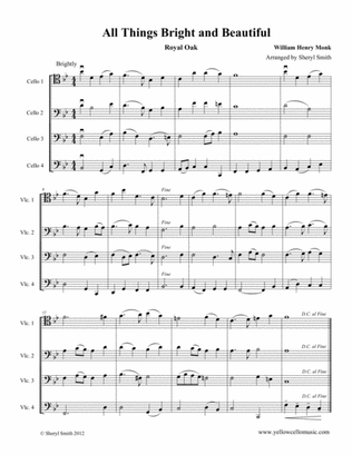 All Things Bright and Beautiful (Royal Oak), a hymn arranged for intermediate cello quartet (four ce