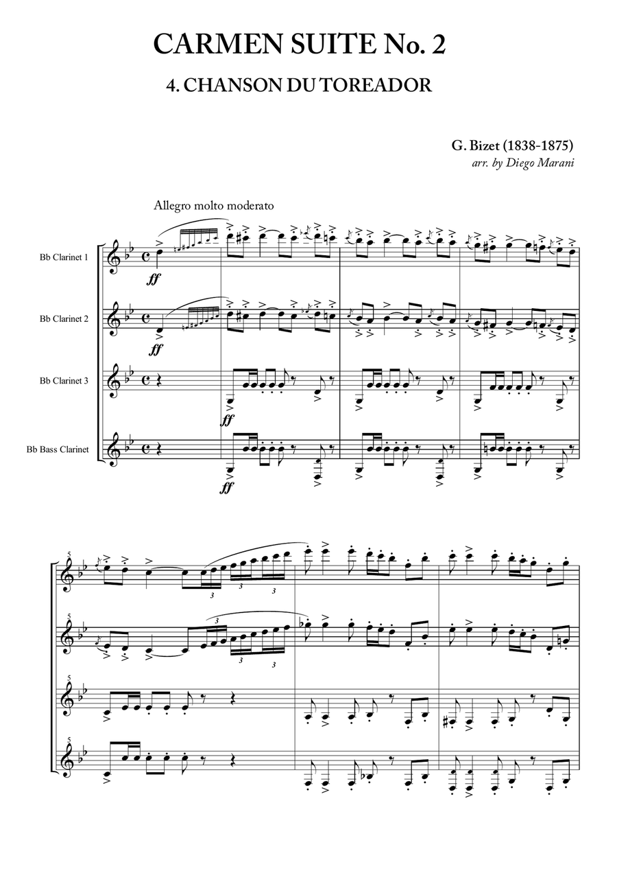 Toreador's Song from "Carmen Suite No. 2" for Clarinet Quartet image number null