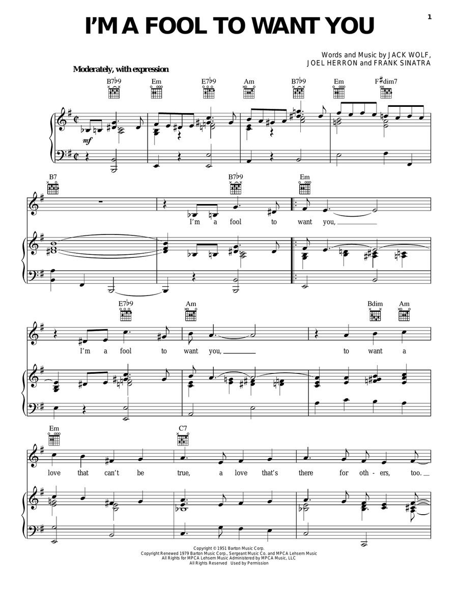 I'm A Fool To Want You Piano, Vocal, Guitar scores gallery preview page 1
