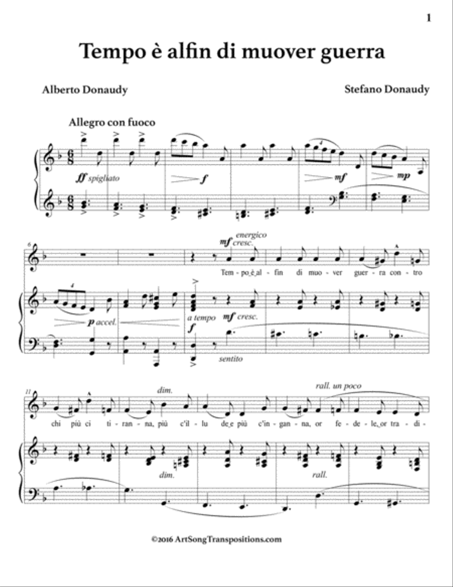 DONAUDY: Tempo è alfin di muover guerra (transposed to D minor) Voice scores gallery preview page 2