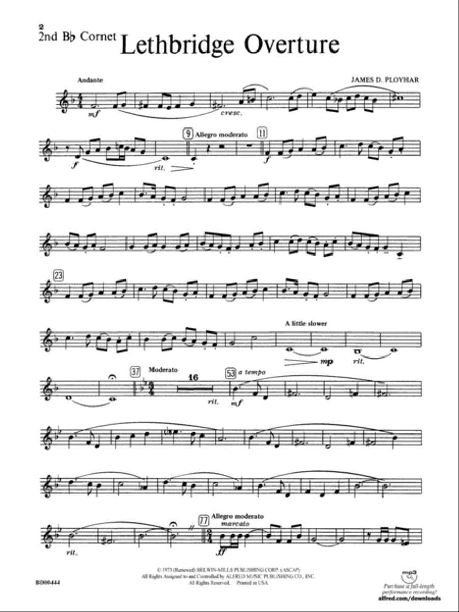 Lethbridge Overture: 2nd B-flat Cornet Concert Band scores gallery preview page 1